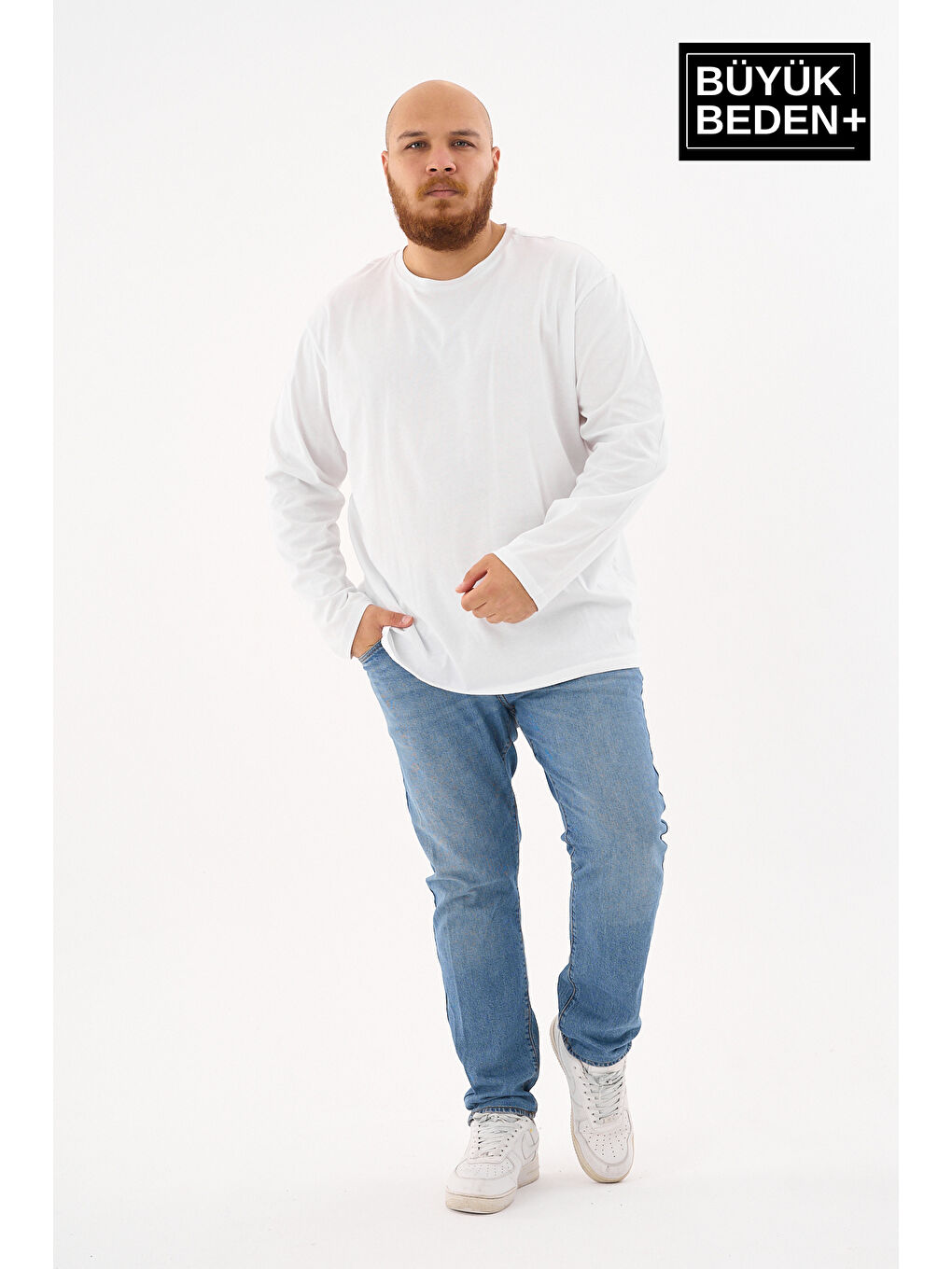 Beyaz Erkek  Uzun Kollu 2 İplik Bisiklet Yaka Büyük Beden Tişört