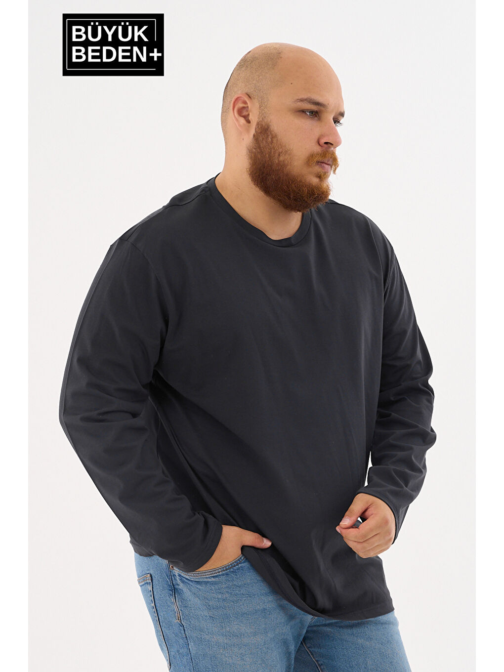 Lacivert Erkek  Uzun Kollu 2 İplik Bisiklet Yaka Büyük Beden Tişört