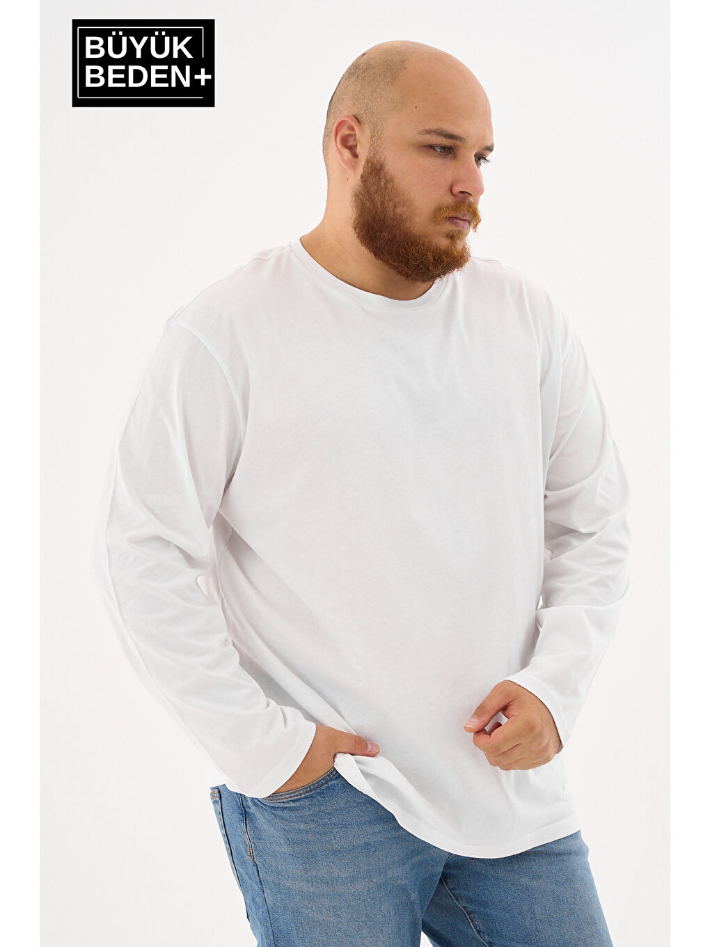 Beyaz Erkek  Uzun Kollu 2 İplik Bisiklet Yaka Büyük Beden Tişört-1