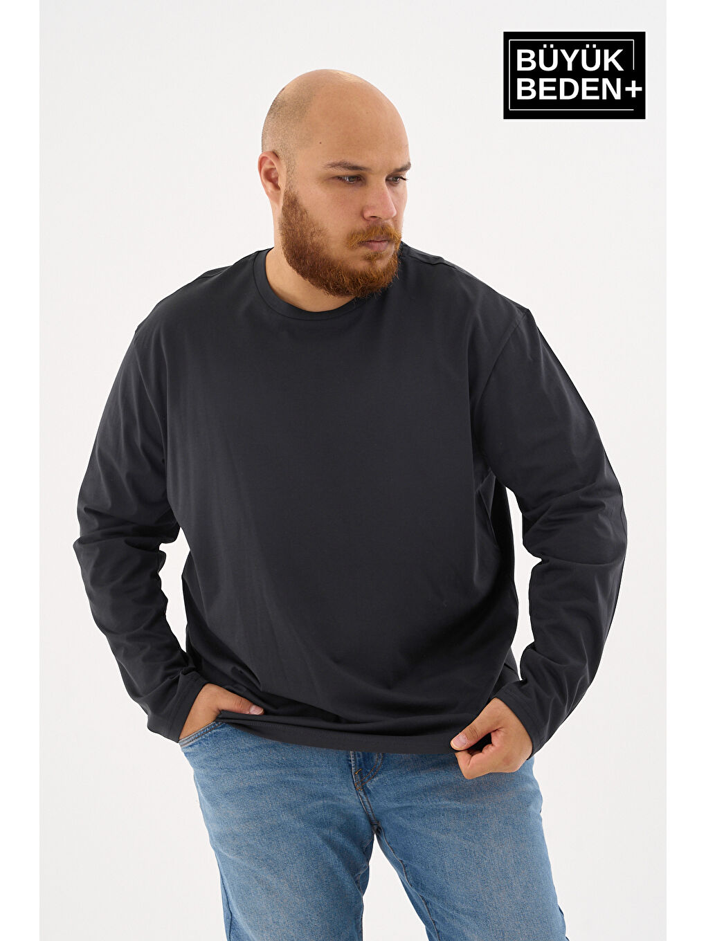 Lacivert Erkek  Uzun Kollu 2 İplik Bisiklet Yaka Büyük Beden Tişört-1