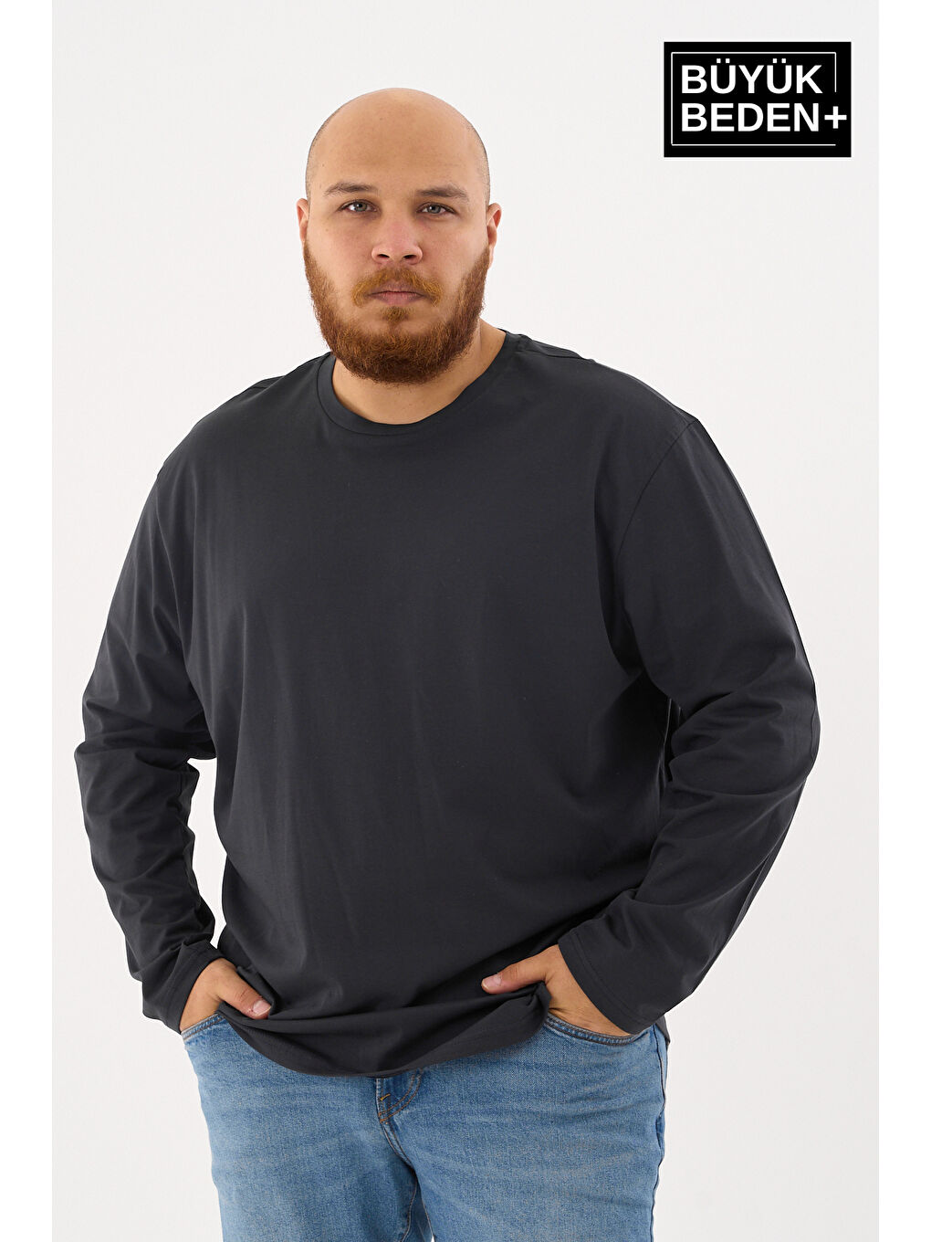 Lacivert Erkek  Uzun Kollu 2 İplik Bisiklet Yaka Büyük Beden Tişört-2