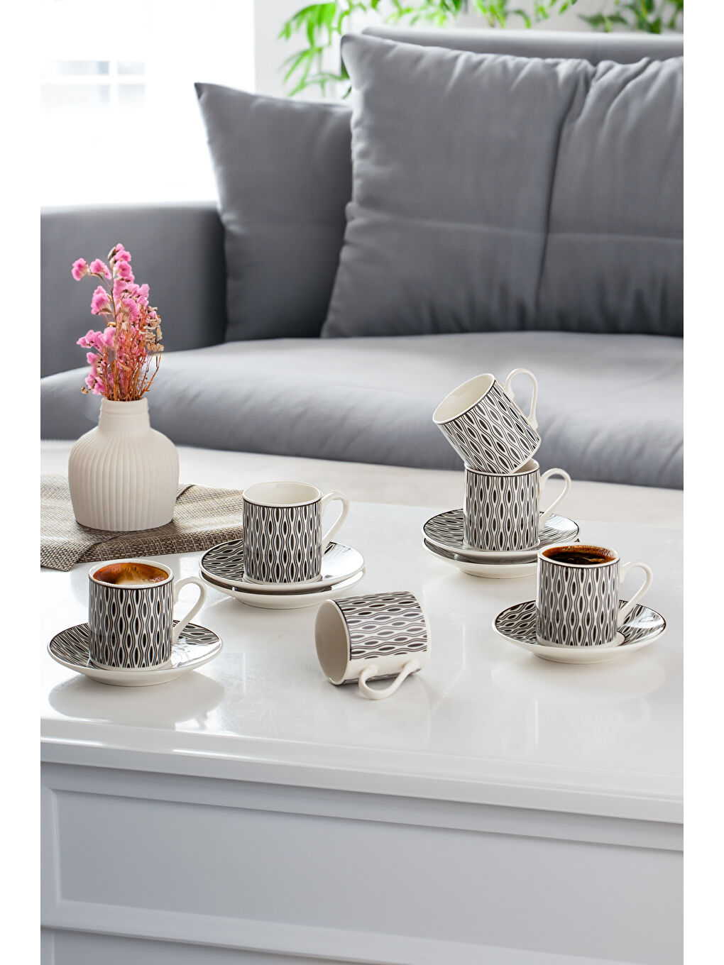 Siyah Yx03 Desenli Porselen Fincan Takımı - Türk Kahvesi 6 Kişilik 90 Cc-1