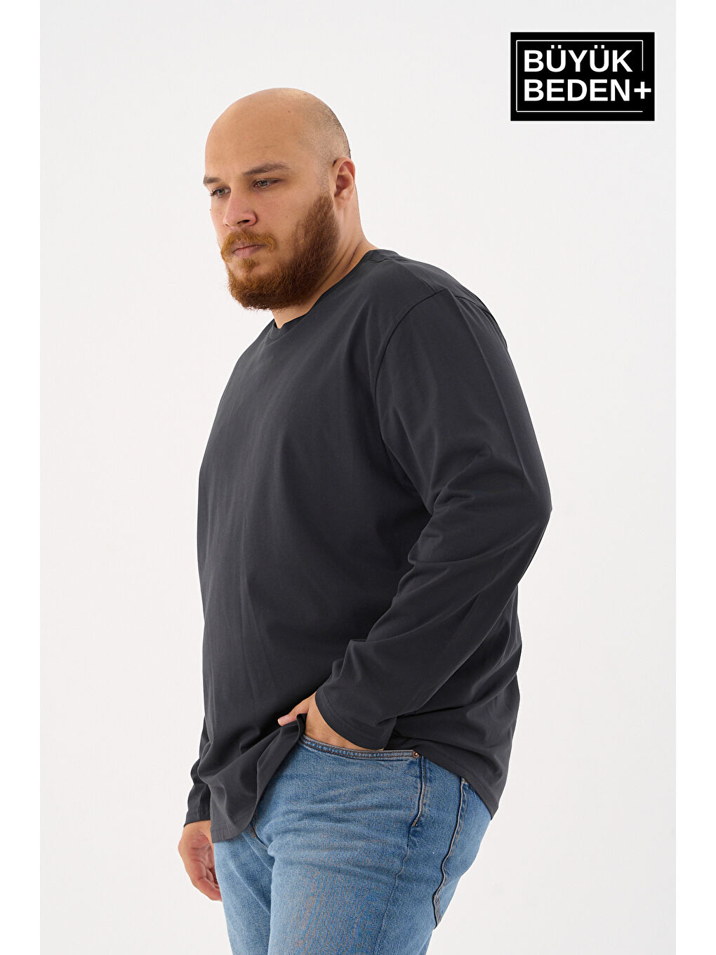 Lacivert Erkek  Uzun Kollu 2 İplik Bisiklet Yaka Büyük Beden Tişört-3