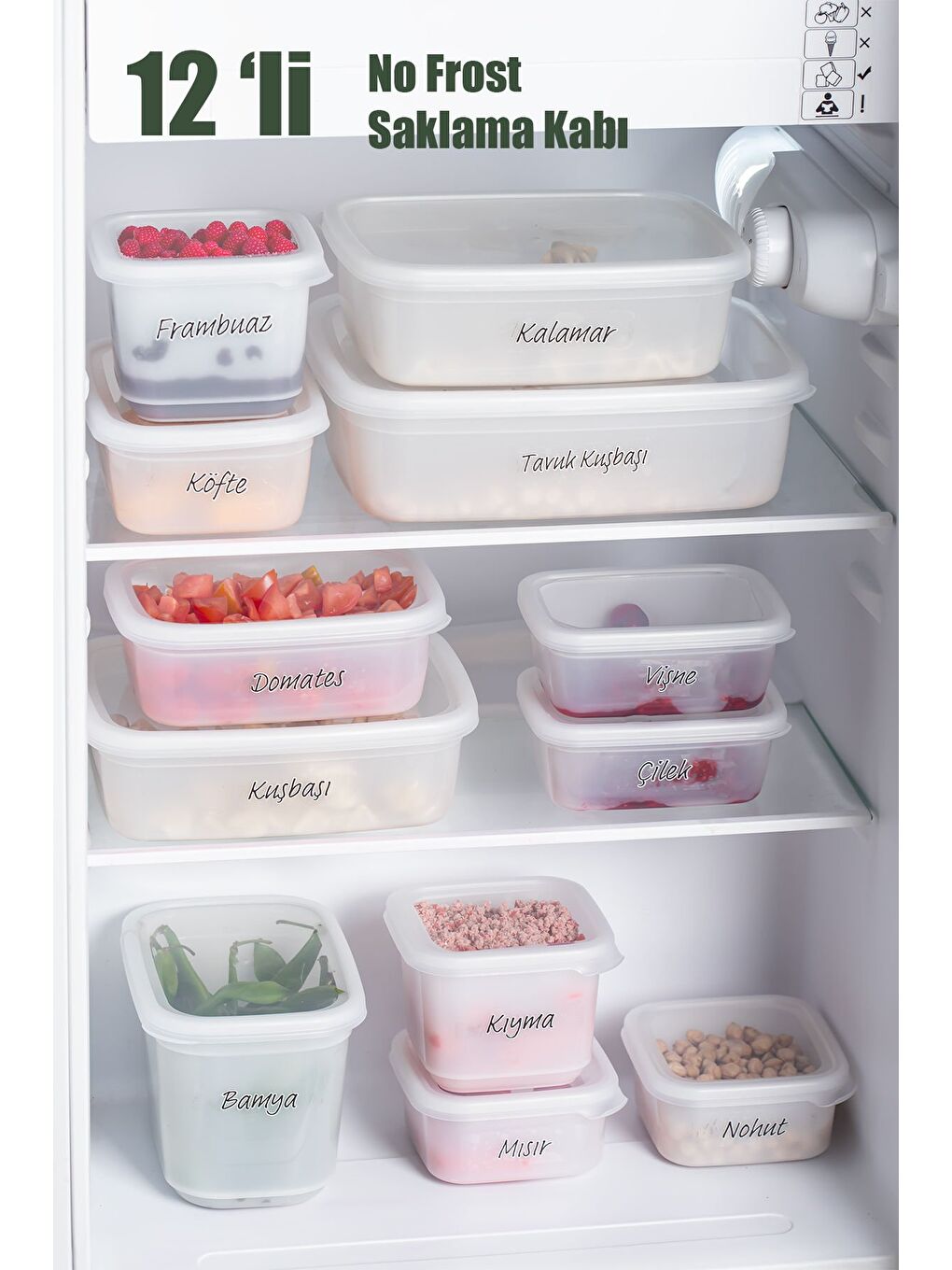 Renksiz 1126 12'lı Etiketli No Frost -25°c Derin Dondurucu Mikrodalga Yiyecek Erzak Saklama Kabı Seti Beyaz