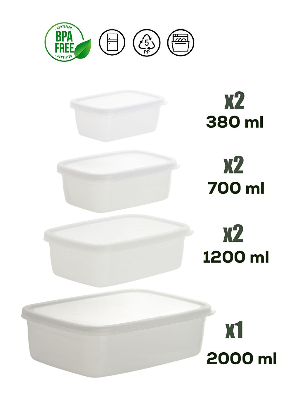 Renksiz 1126 12'lı Etiketli No Frost -25°c Derin Dondurucu Mikrodalga Yiyecek Erzak Saklama Kabı Seti Beyaz-6