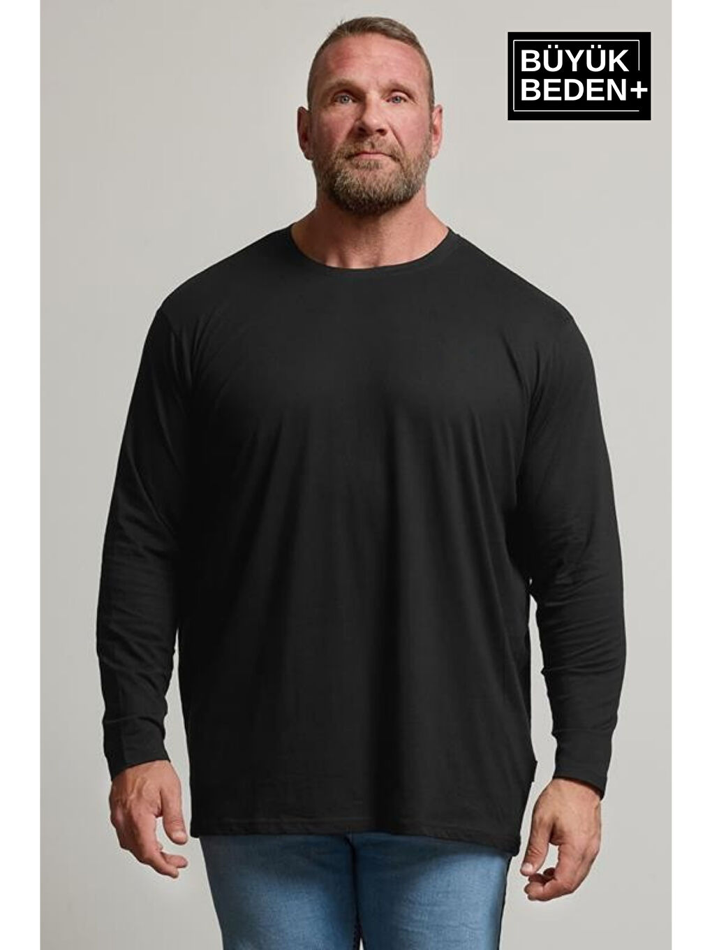 Siyah Erkek  Uzun Kollu 2 İplik Bisiklet Yaka Büyük Beden Tişört