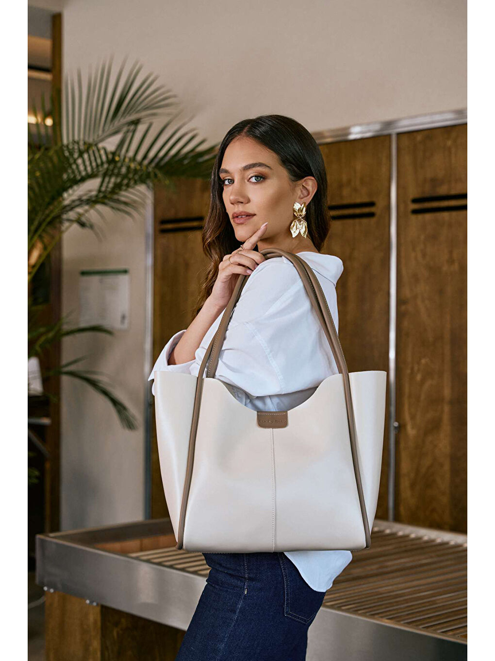 Ekru Tote Büyük Boy Kadın El ve Omuz Çantası