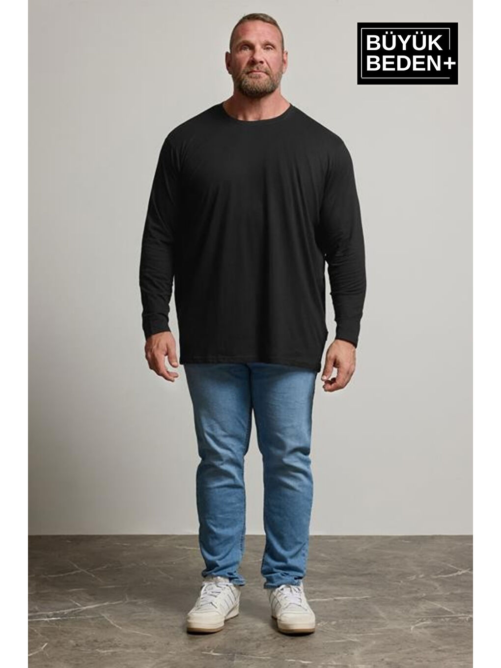 Siyah Erkek  Uzun Kollu 2 İplik Bisiklet Yaka Büyük Beden Tişört-1