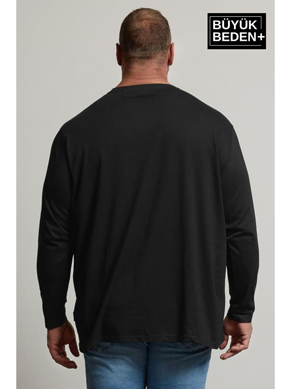 Siyah Erkek  Uzun Kollu 2 İplik Bisiklet Yaka Büyük Beden Tişört-2