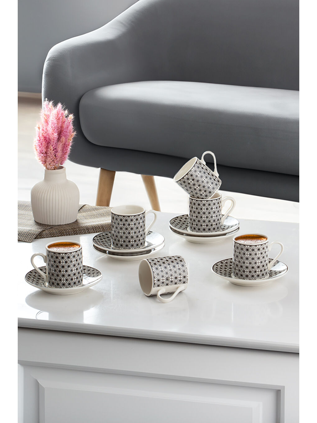 Siyah Yx02 Desenli Porselen Fincan Takımı - Türk Kahvesi 6 Kişilik 90 Cc-1