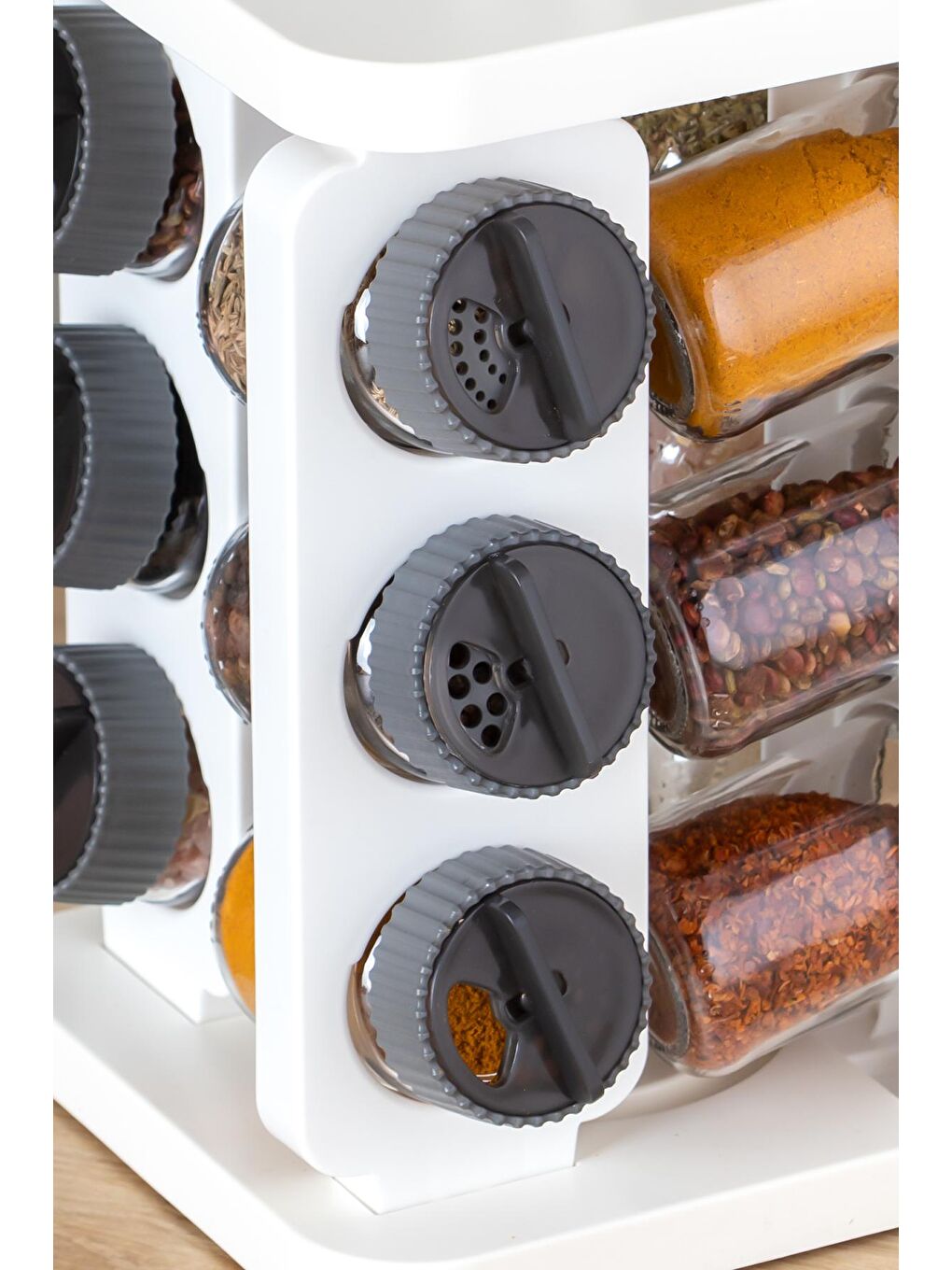 1081 Kare Döner Standlı Döner Kapaklı Cam Baharatlık Antrasit - Beyaz-2