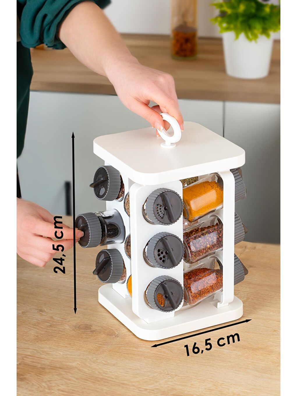1081 Kare Döner Standlı Döner Kapaklı Cam Baharatlık Antrasit - Beyaz-3