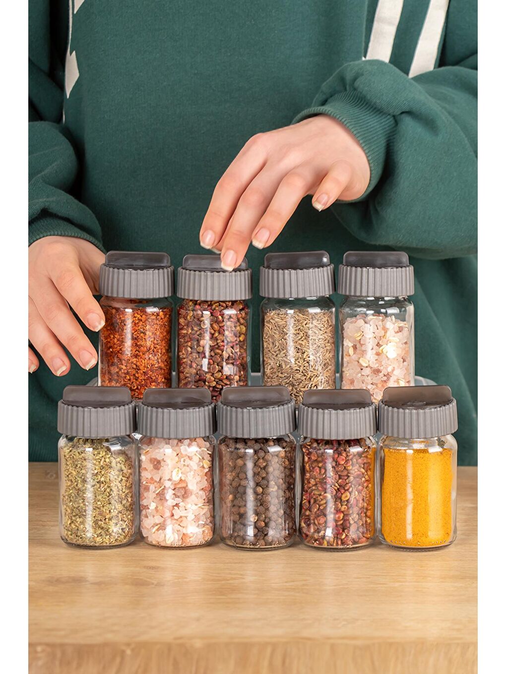 1081 Kare Döner Standlı Döner Kapaklı Cam Baharatlık Antrasit - Beyaz-4