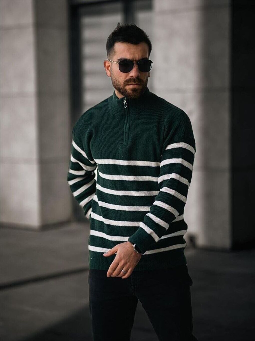 Yeşil Beyaz Yarım Fermuar Dik Yaka Çizgili Triko Erkek Kazak