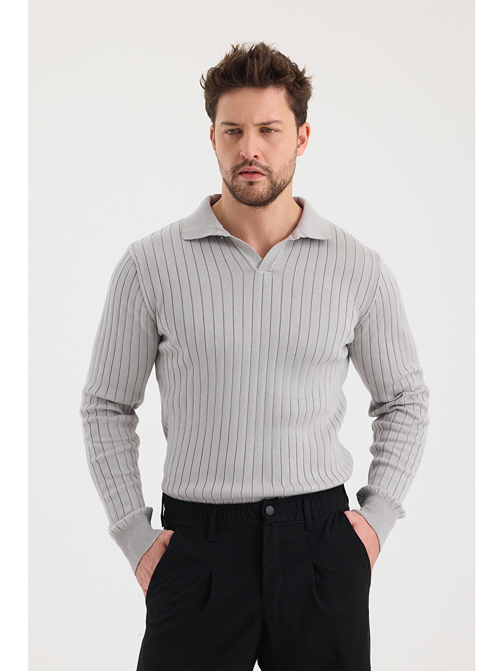 Gri Erkek Polo Yaka Fitilli Triko Kazak