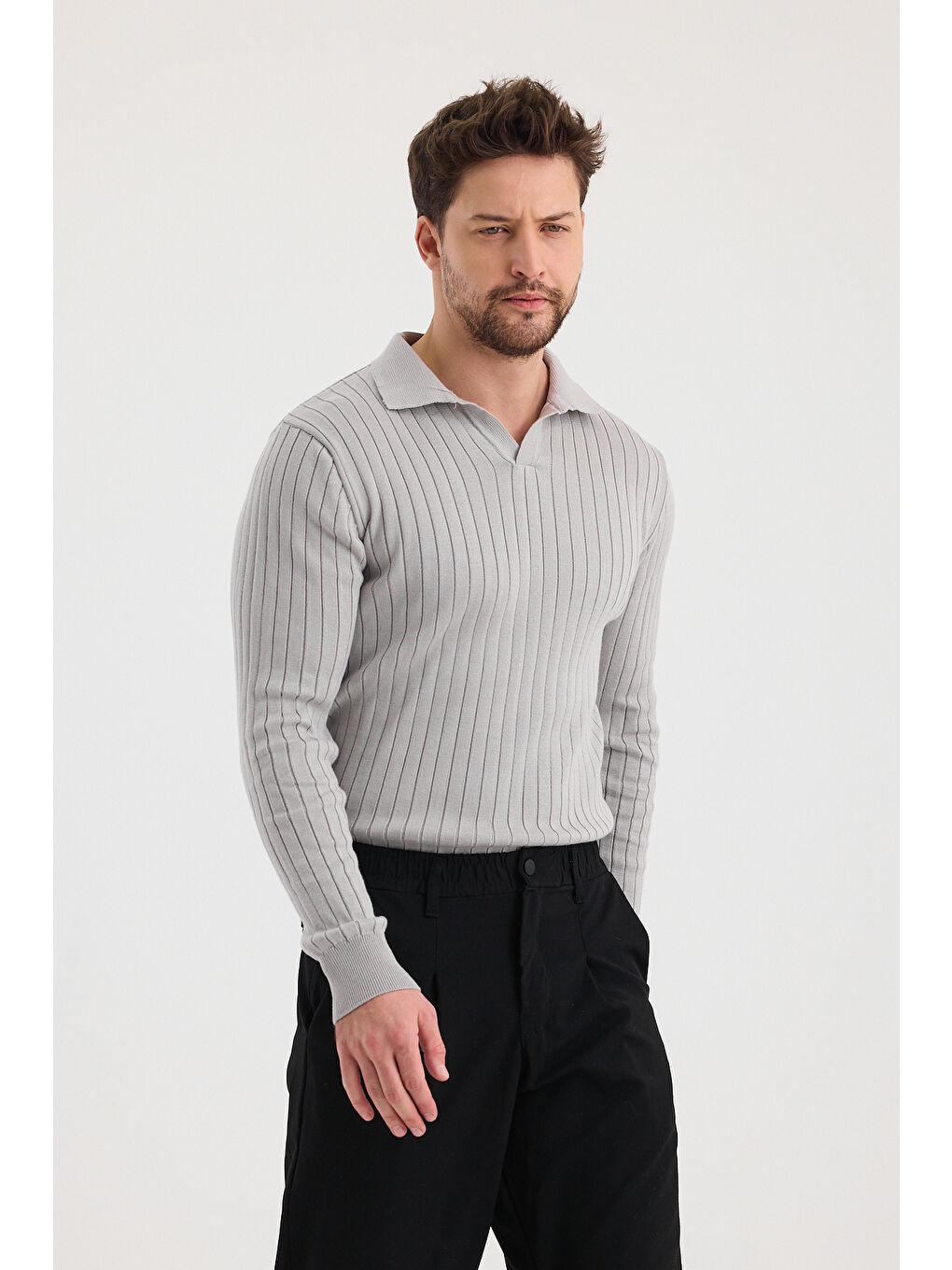 Gri Erkek Polo Yaka Fitilli Triko Kazak-1