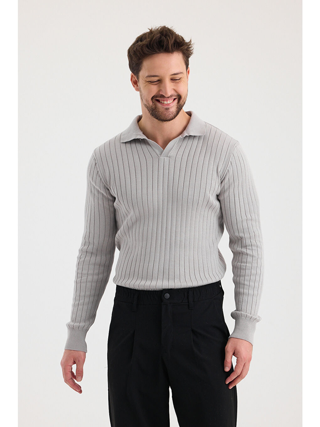 Gri Erkek Polo Yaka Fitilli Triko Kazak-2