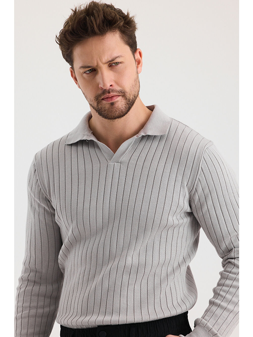 Gri Erkek Polo Yaka Fitilli Triko Kazak-3