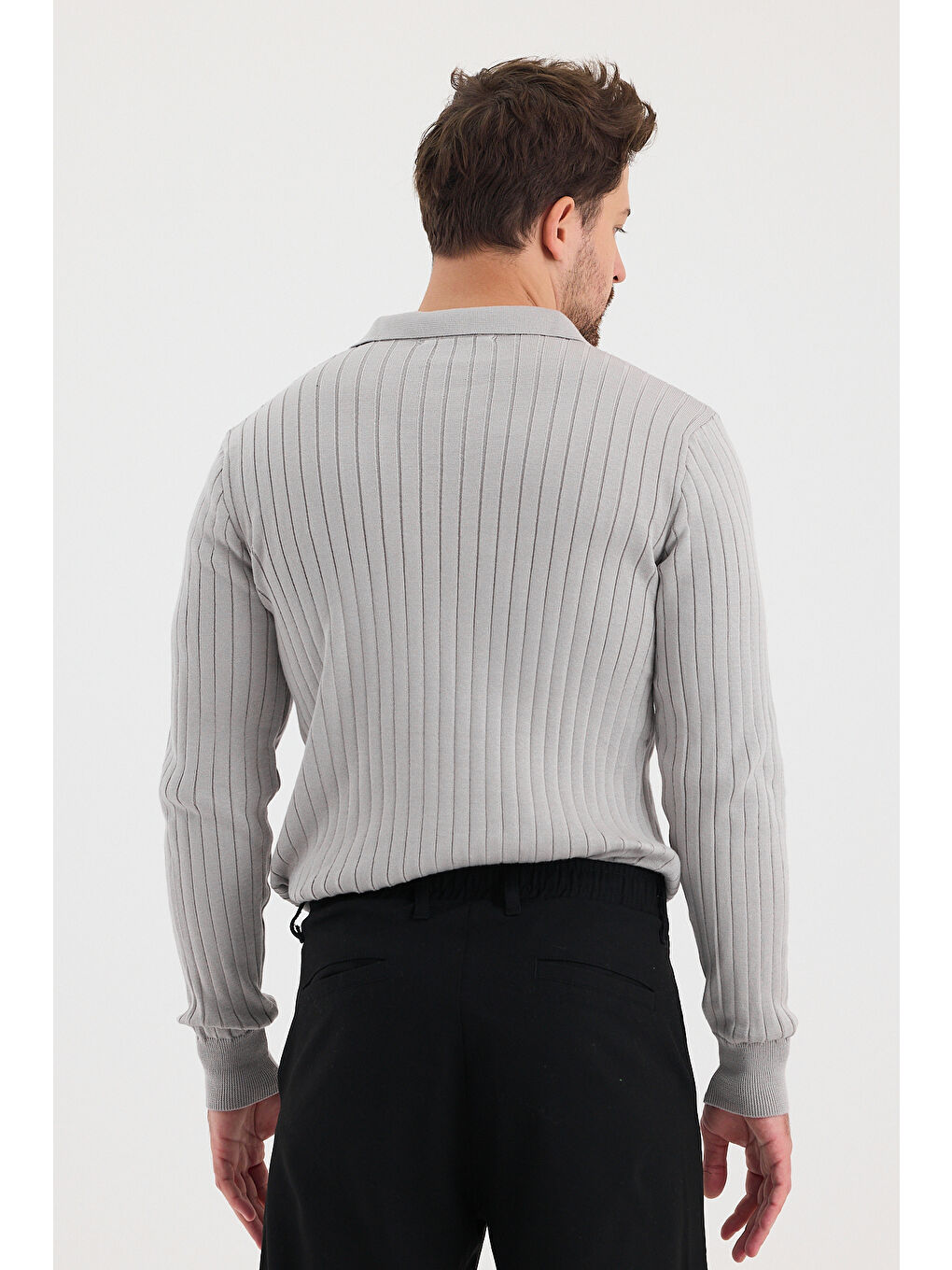 Gri Erkek Polo Yaka Fitilli Triko Kazak-4