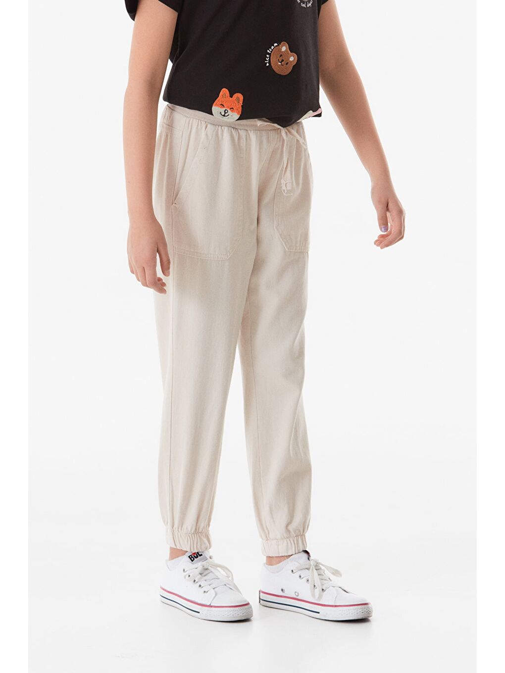 Bej Beli Bağcıklı Jogger Unisex Çocuk Keten Pantolon-1