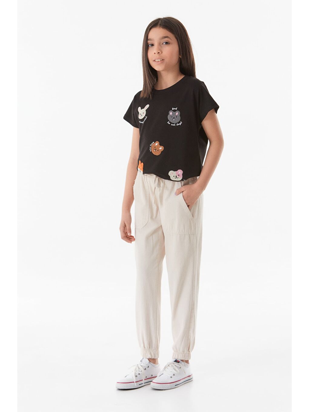 Bej Beli Bağcıklı Jogger Unisex Çocuk Keten Pantolon-3