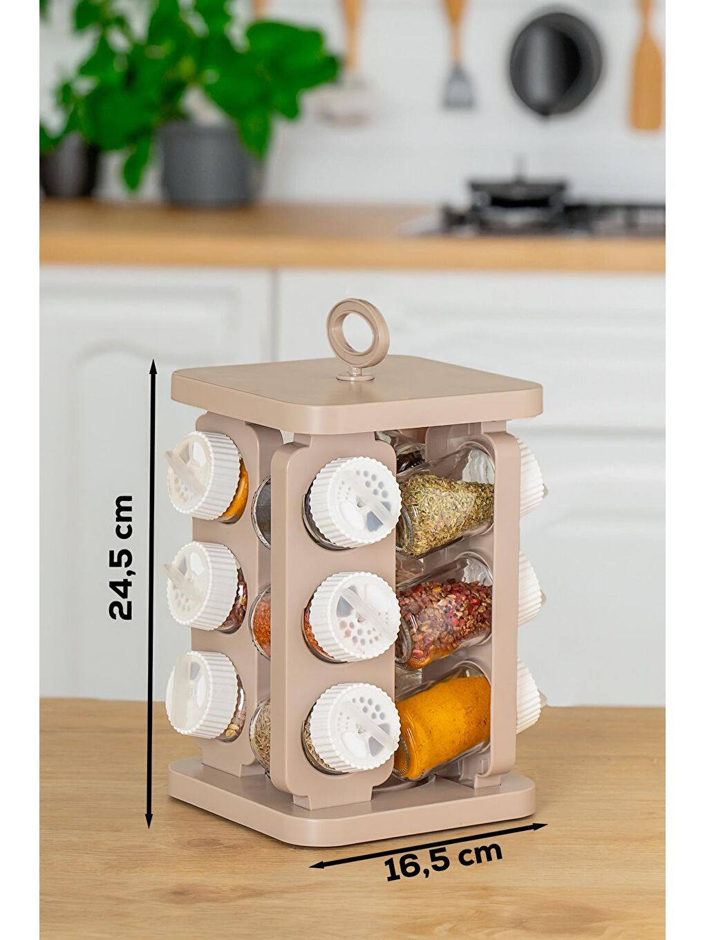 Kahverengi 1078 Kare Döner Standlı Döner Kapaklı Cam Baharatlık-1