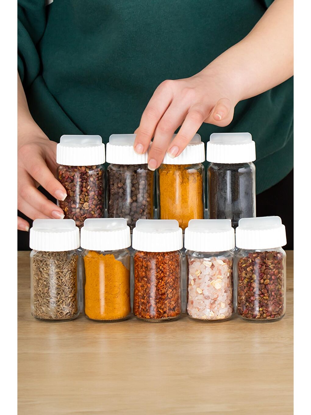 Kahverengi 1078 Kare Döner Standlı Döner Kapaklı Cam Baharatlık-2