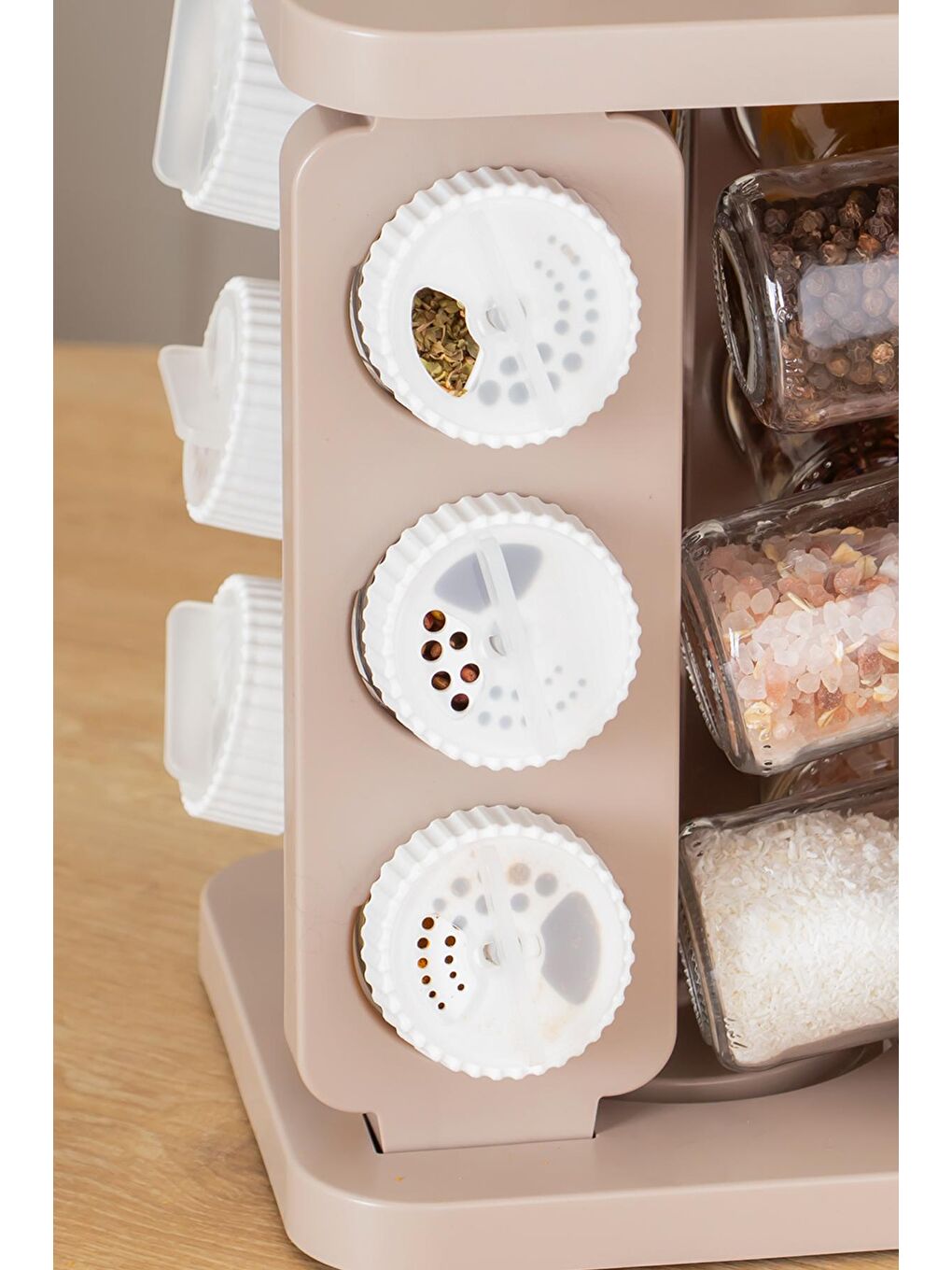 Kahverengi 1078 Kare Döner Standlı Döner Kapaklı Cam Baharatlık-3