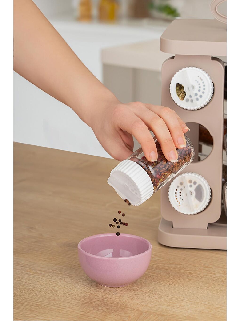 Kahverengi 1078 Kare Döner Standlı Döner Kapaklı Cam Baharatlık-4