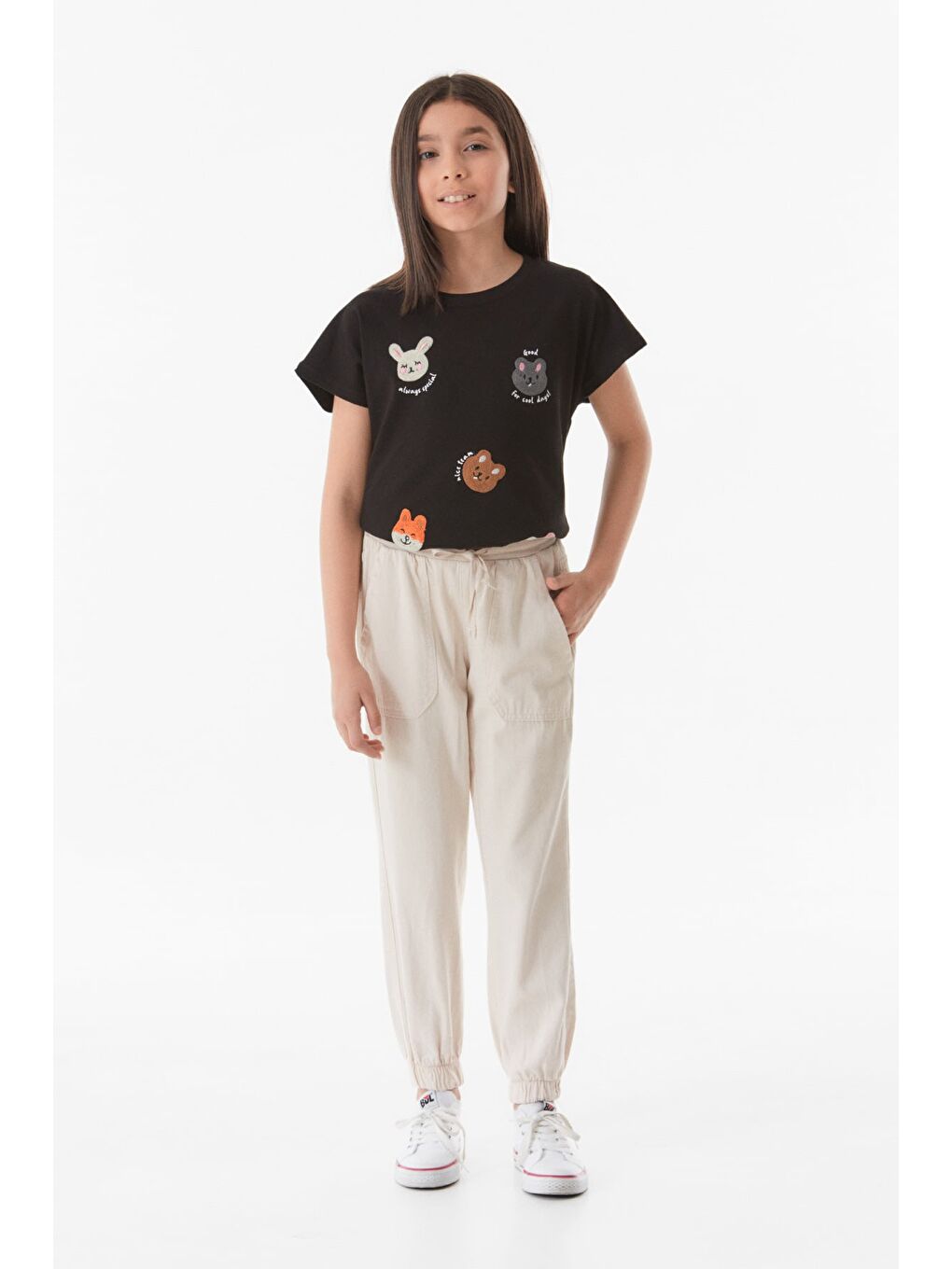 Bej Beli Bağcıklı Jogger Unisex Çocuk Keten Pantolon-4