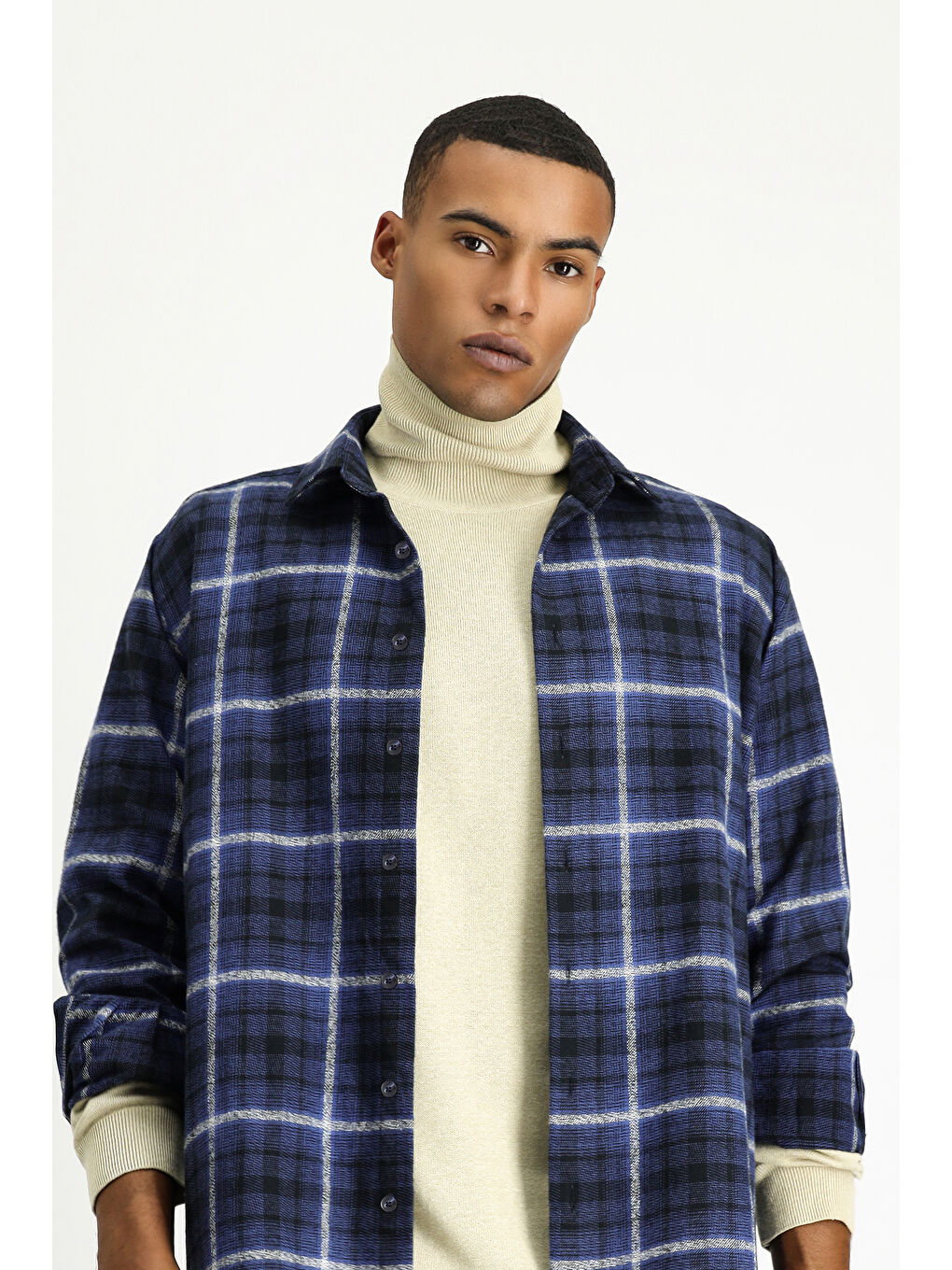 Lacivert Uzun Kol Regular Fit Shacket Oduncu Ekose Pamuk Gömlek-2