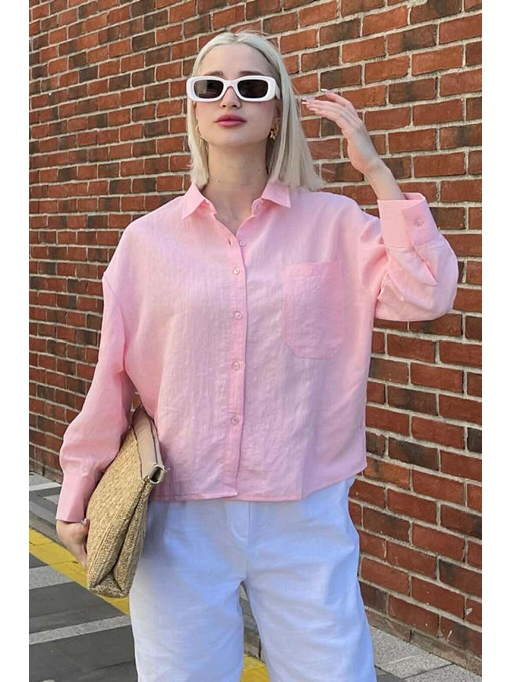 Madmext Pembe Çizgili Oversize Kadın Gömlek MG2093 - 4