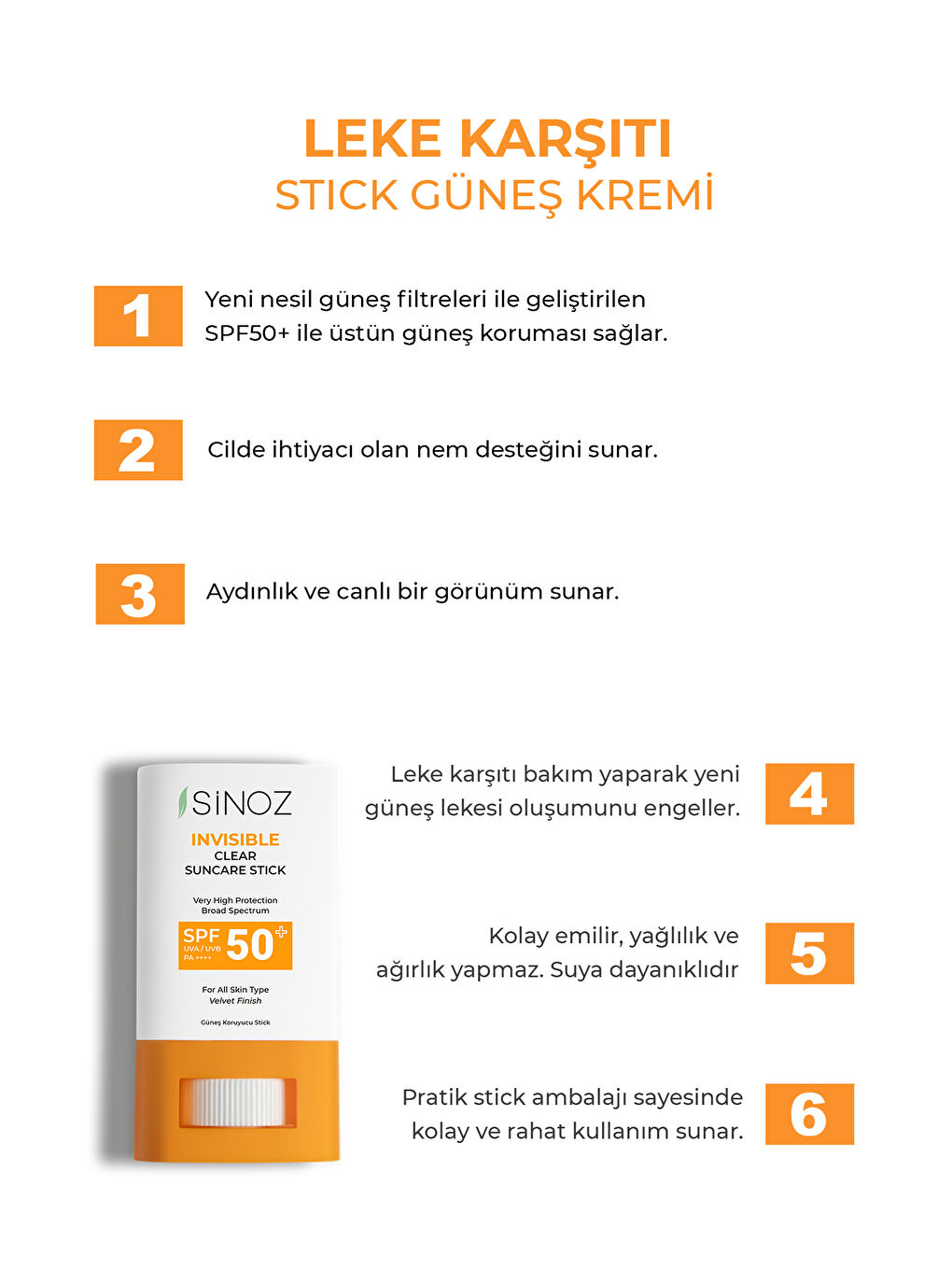 Sinoz Spf50+ Nemlendirici Ve Yatıştırıcı Yüksek Korumalı Şeffaf Stick Güneş Kremi 15 Gr - 1