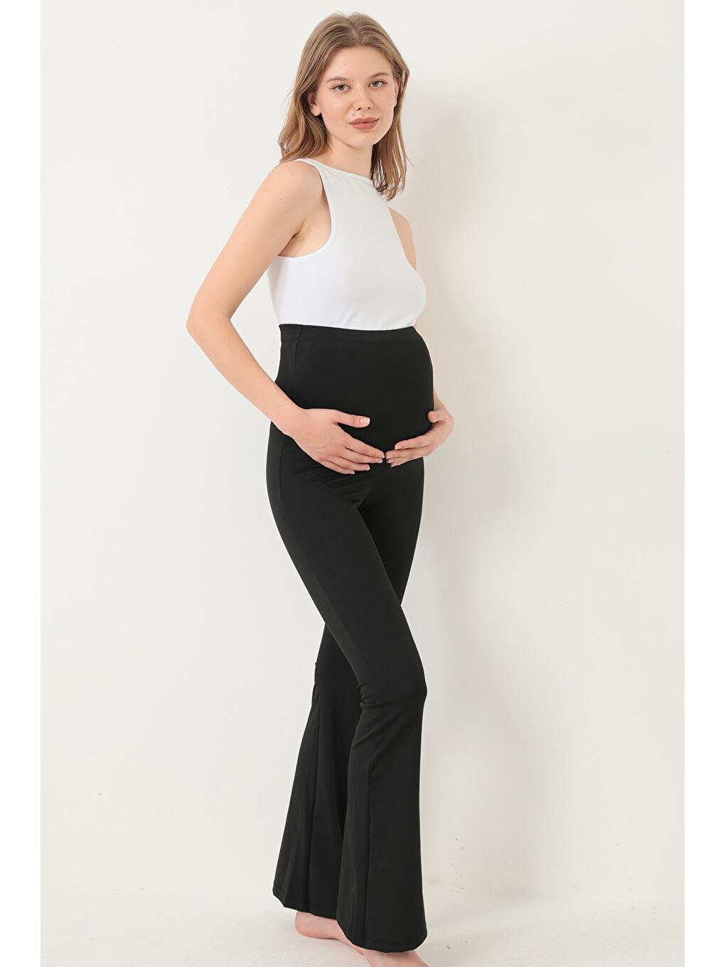Siyah Şardonlu Beli Ayarlanabilir Yüksek Bel Hamile İspanyol Paça Kadın Tayt-5