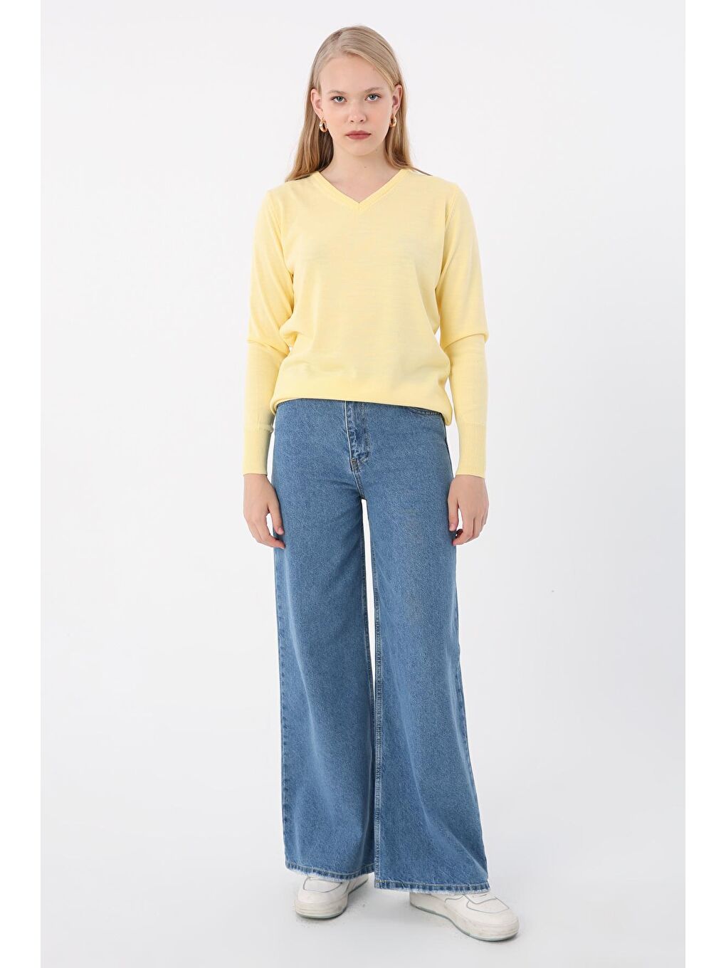 Sarı V Yaka Triko Kazak-1