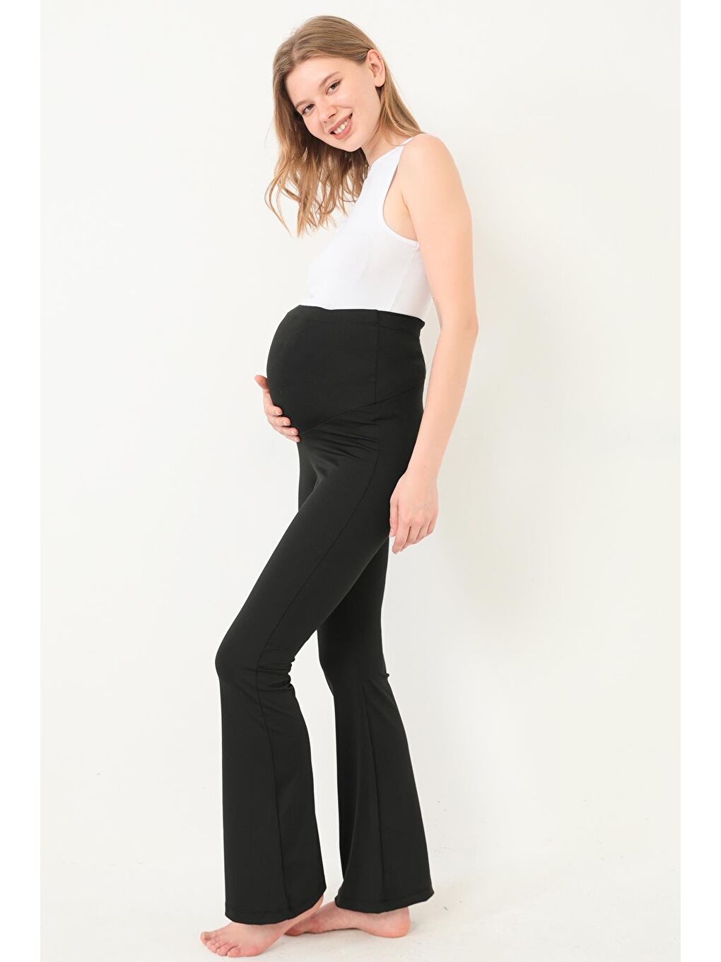 Siyah Şardonlu Beli Ayarlanabilir Yüksek Bel Hamile İspanyol Paça Kadın Tayt-8