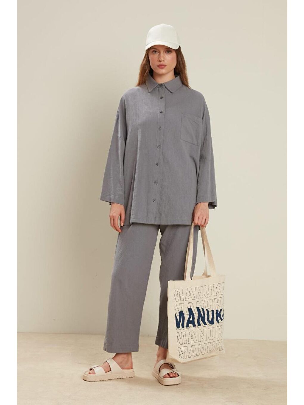 Pamuklu Krınkıl Pantolon Koyu Gri-2