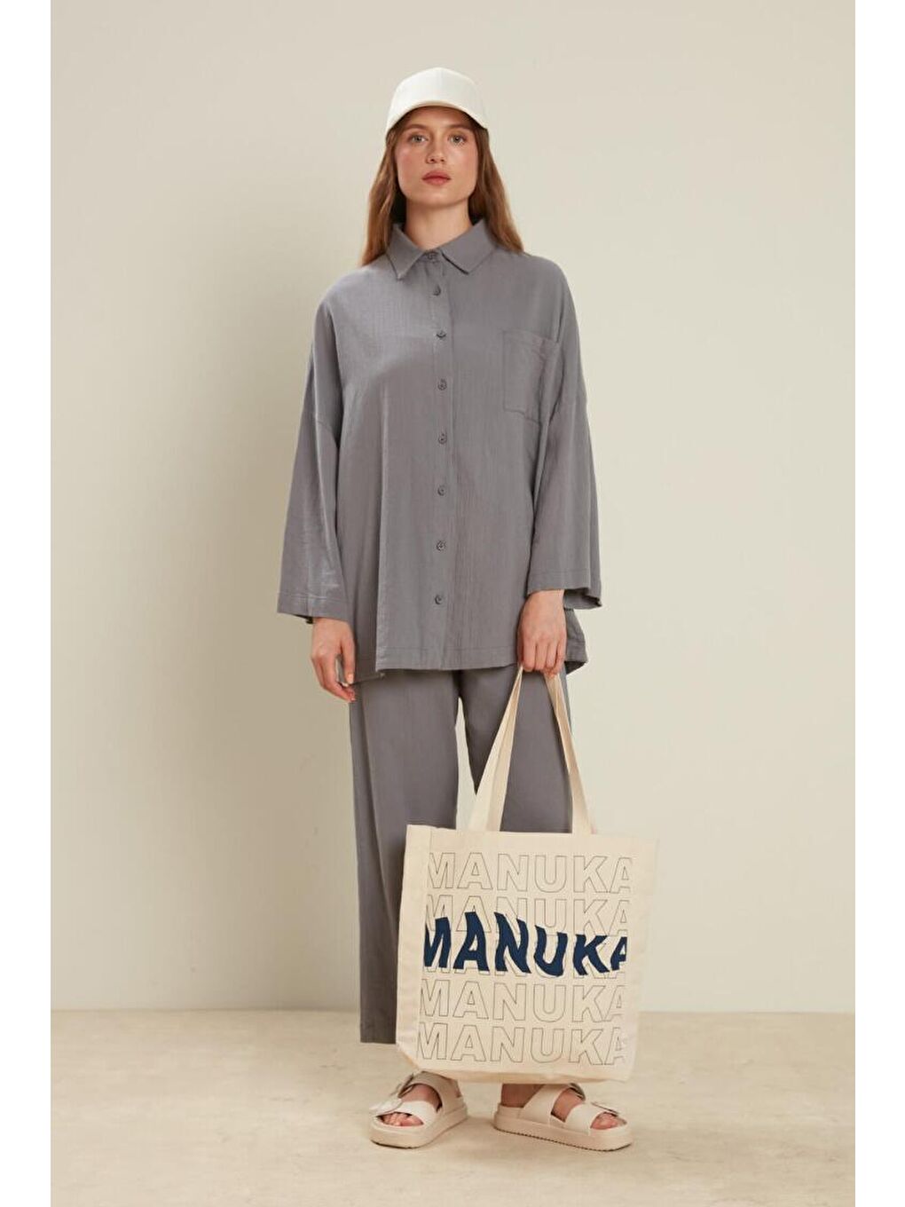 Pamuklu Krınkıl Pantolon Koyu Gri-3