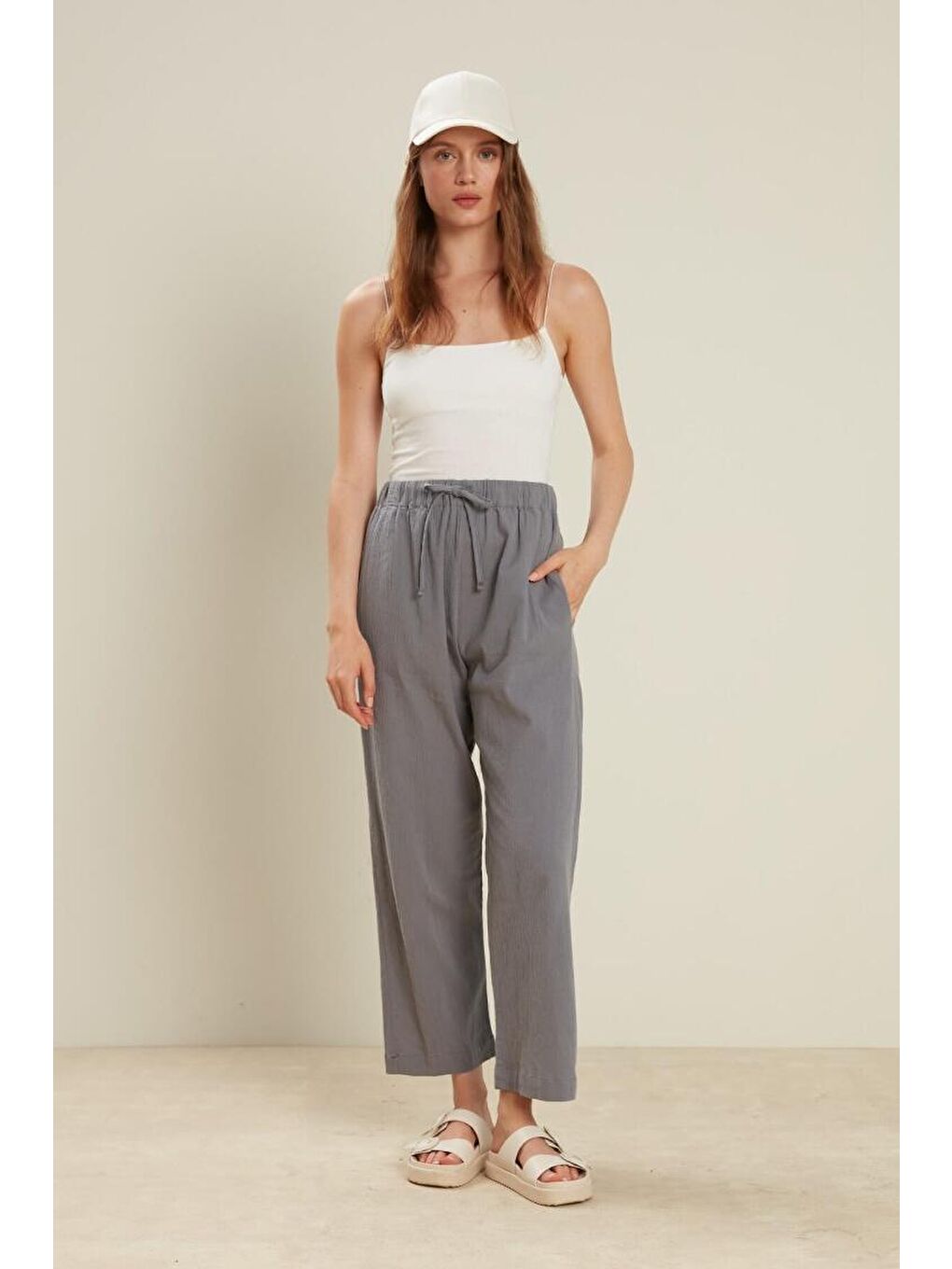 Pamuklu Krınkıl Pantolon Koyu Gri-4