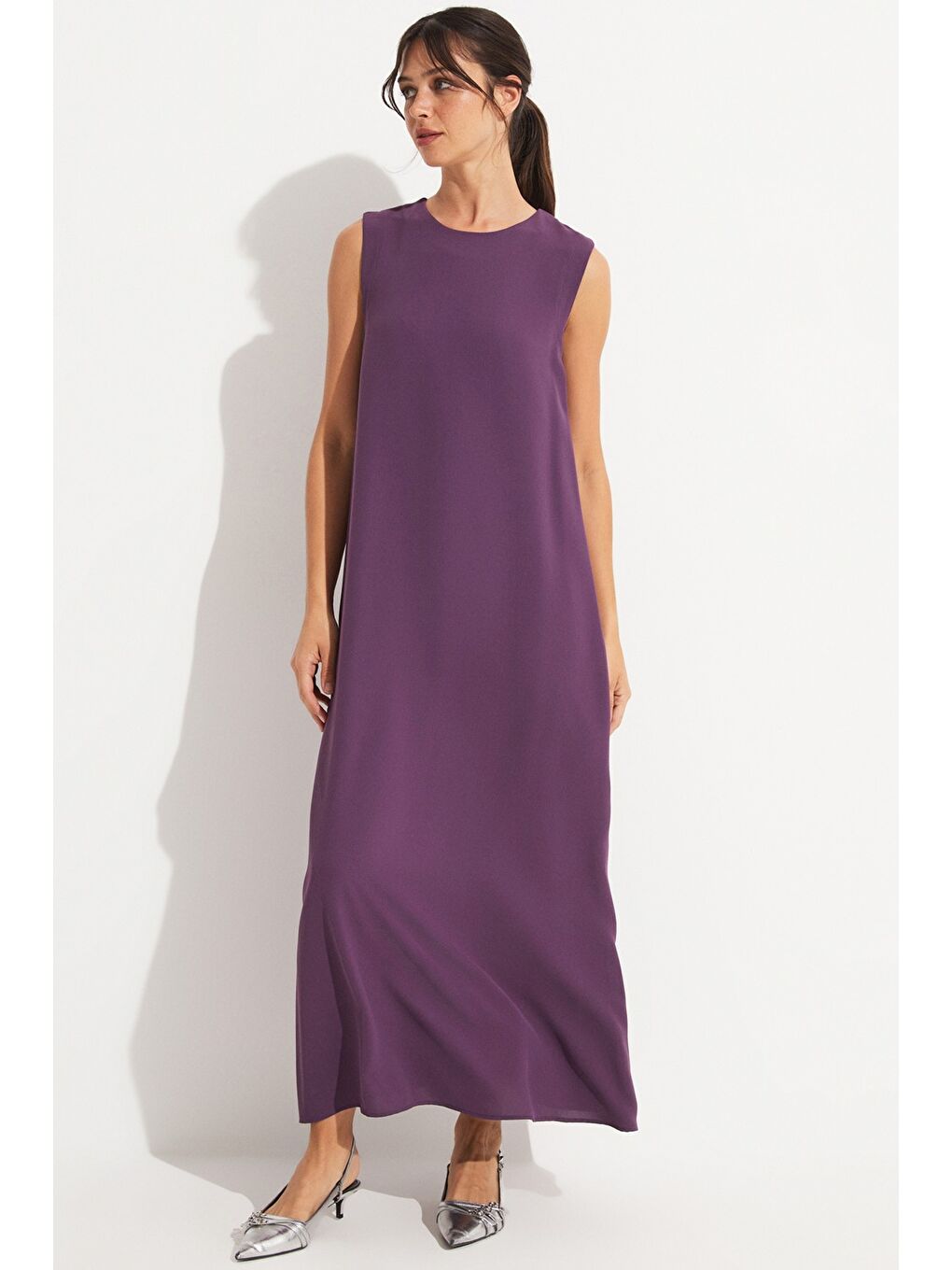 Mor Taş Detaylı Dökümlü Elbise-5