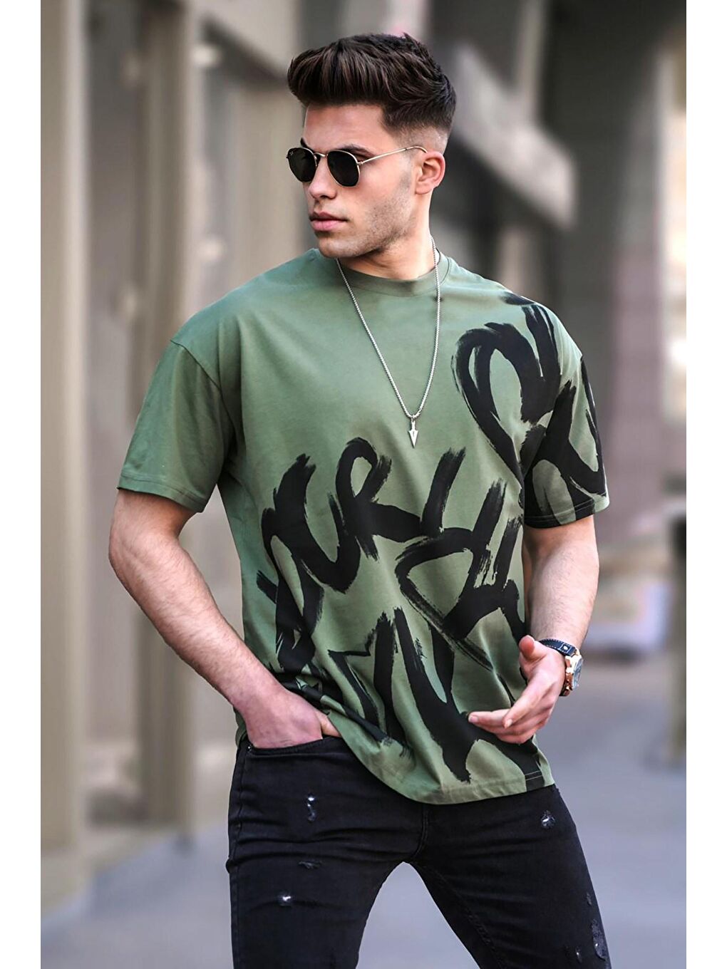 Erkek Haki Overfit Desenli Tişört 5811