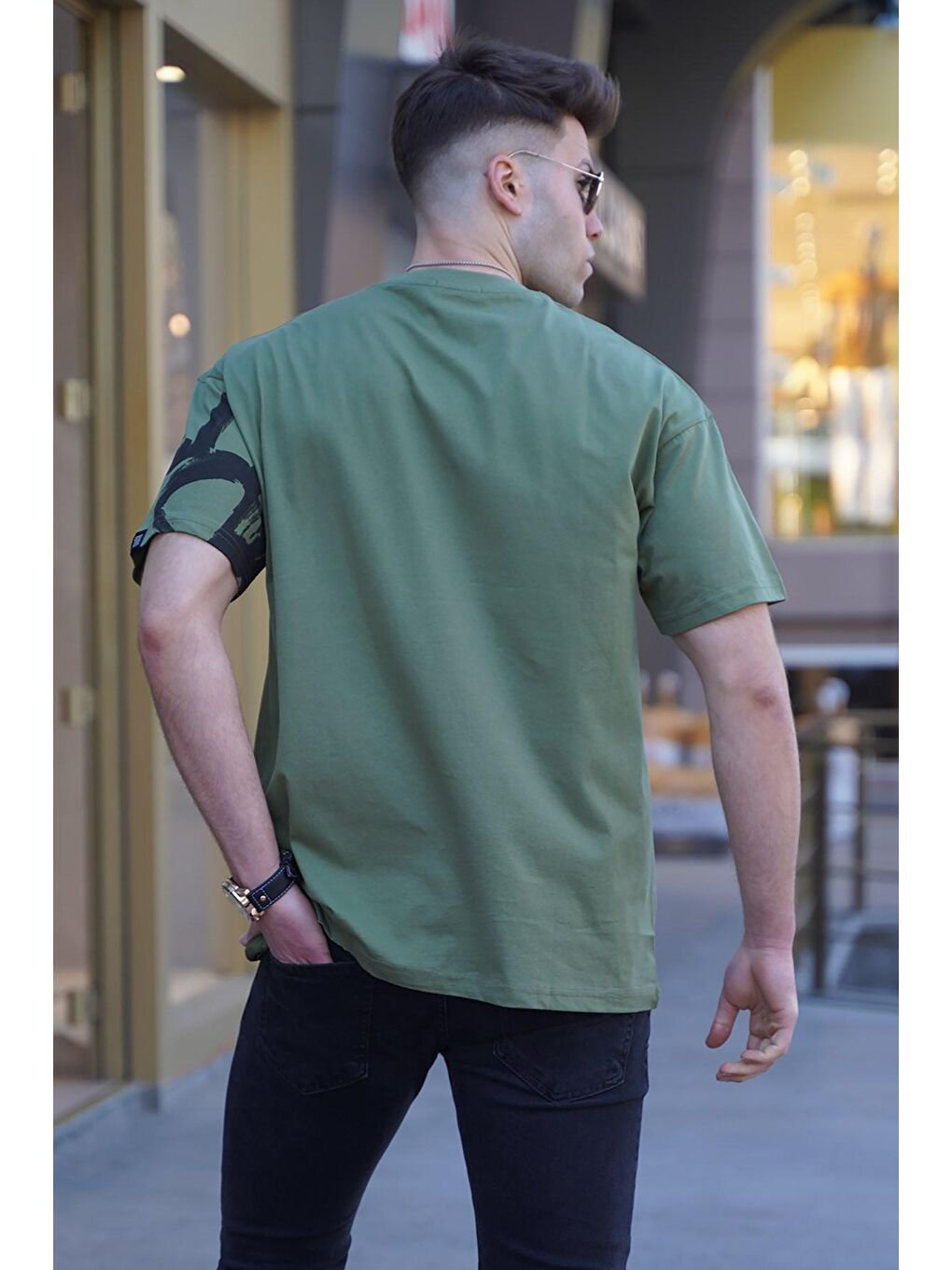 Erkek Haki Overfit Desenli Tişört 5811-1