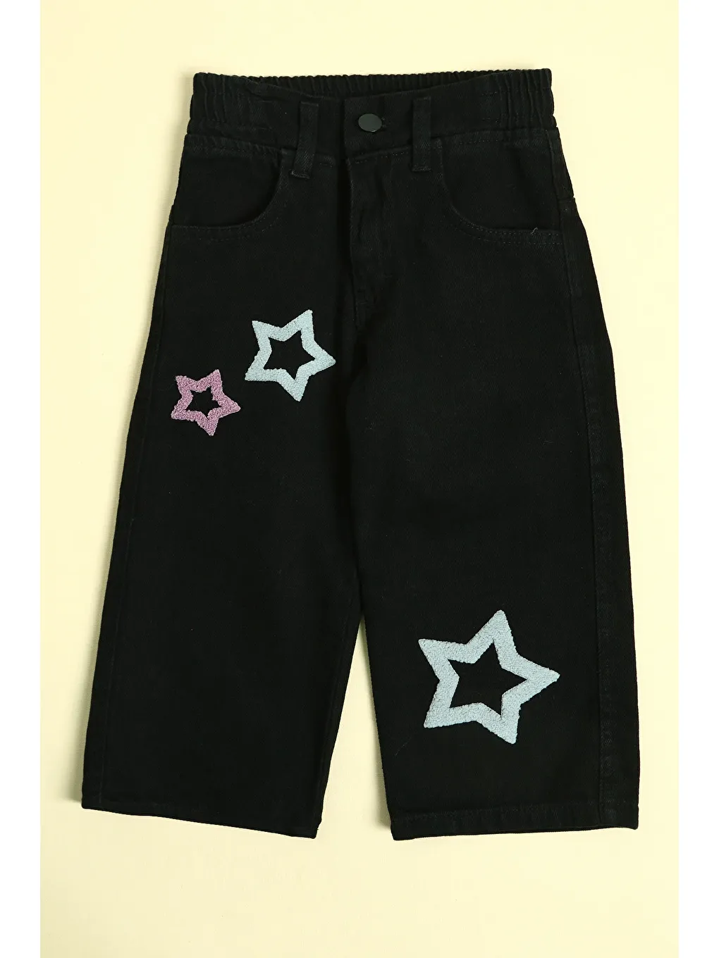 Siyah Beli Lastikli Yıldız Nakışlı Kız Çocuk Palazzo Pantolon