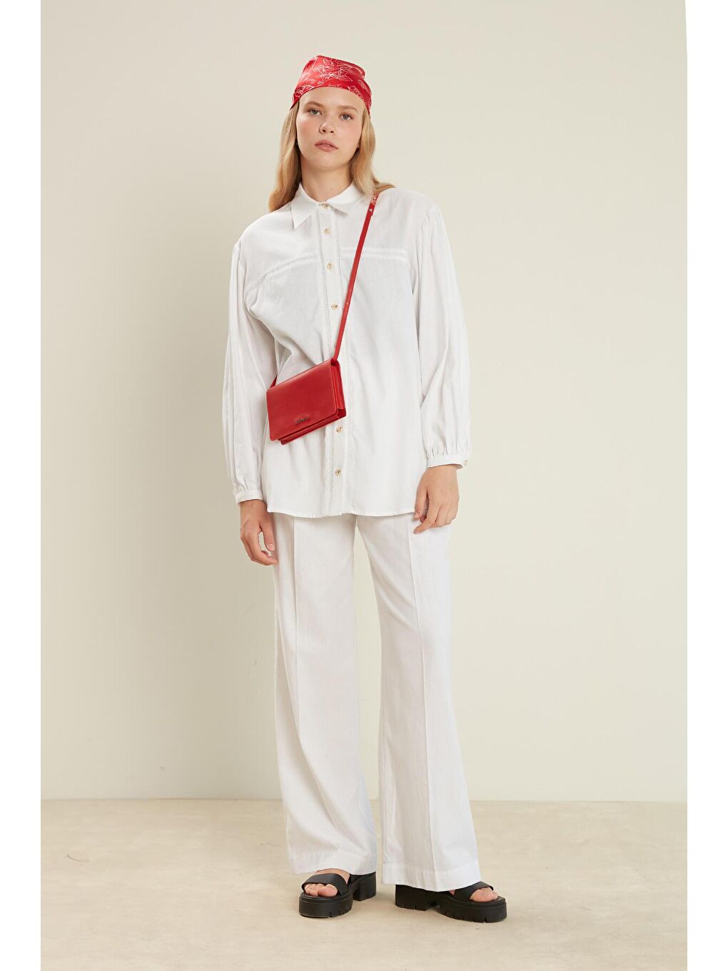 Keten Karışımlı Palazzo Pantolon Ekru