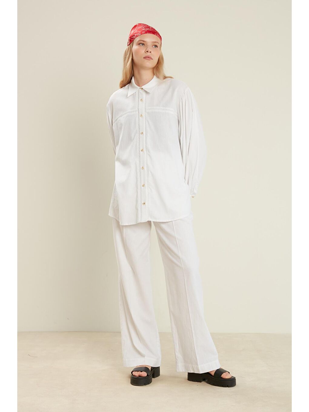 Keten Karışımlı Palazzo Pantolon Ekru-1