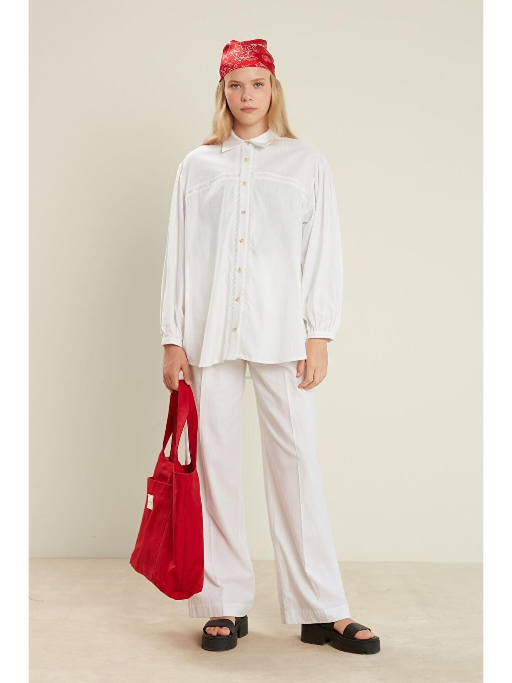 Keten Karışımlı Palazzo Pantolon Ekru-2