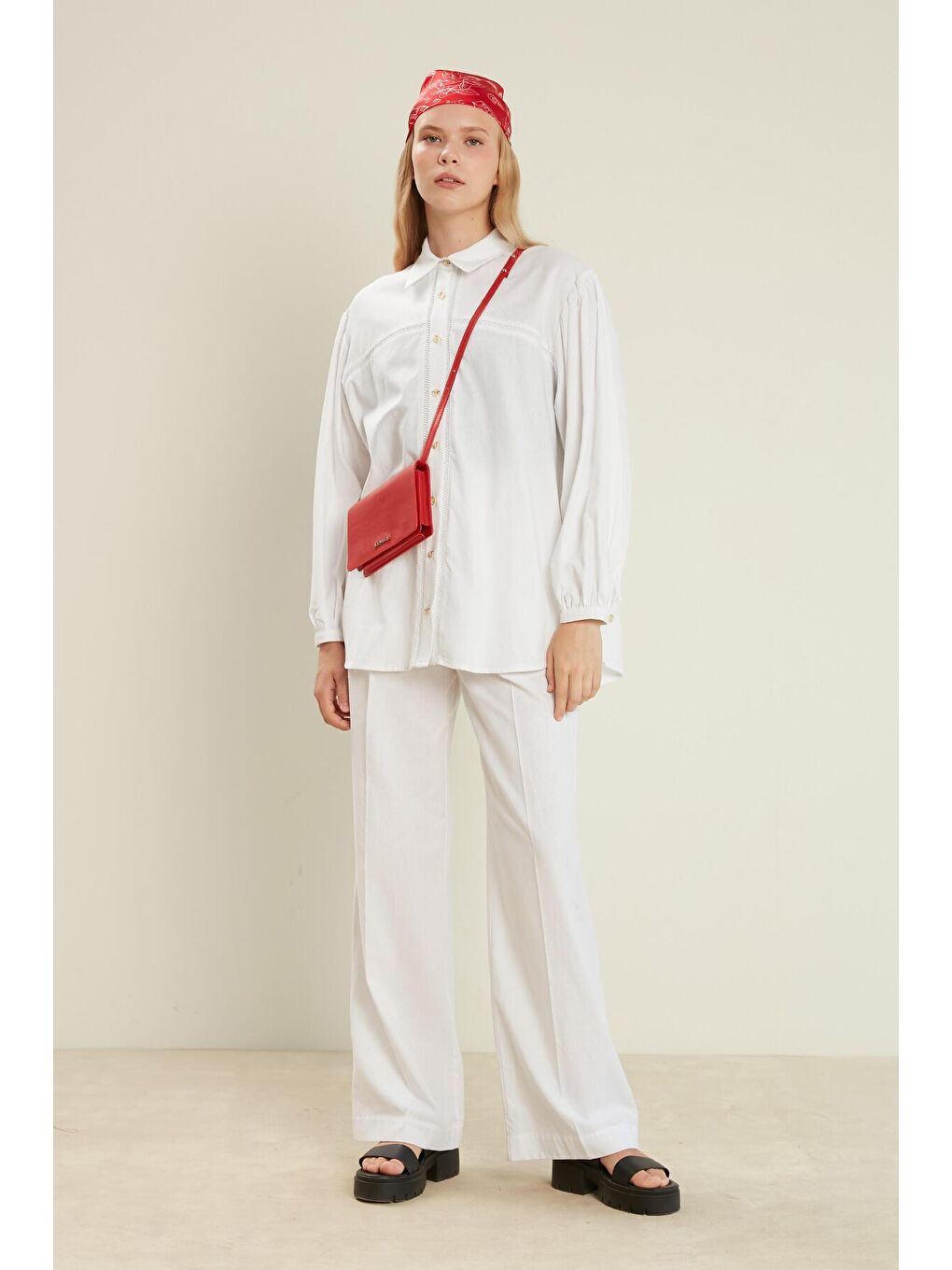 Keten Karışımlı Palazzo Pantolon Ekru-3