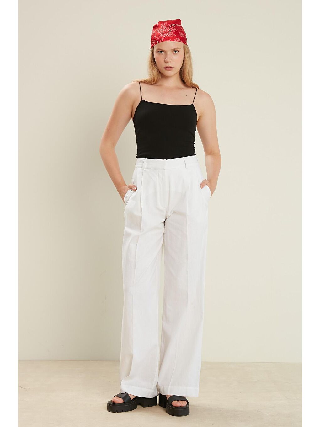 Keten Karışımlı Palazzo Pantolon Ekru-4