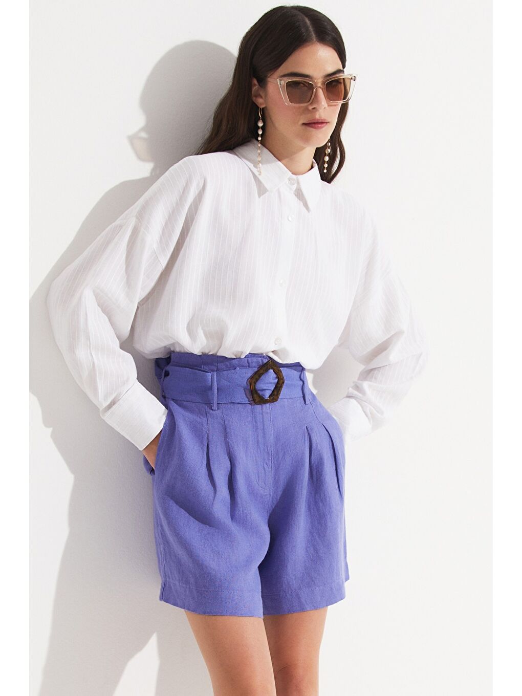 Lila Exclusive %100 Keten Şort-4