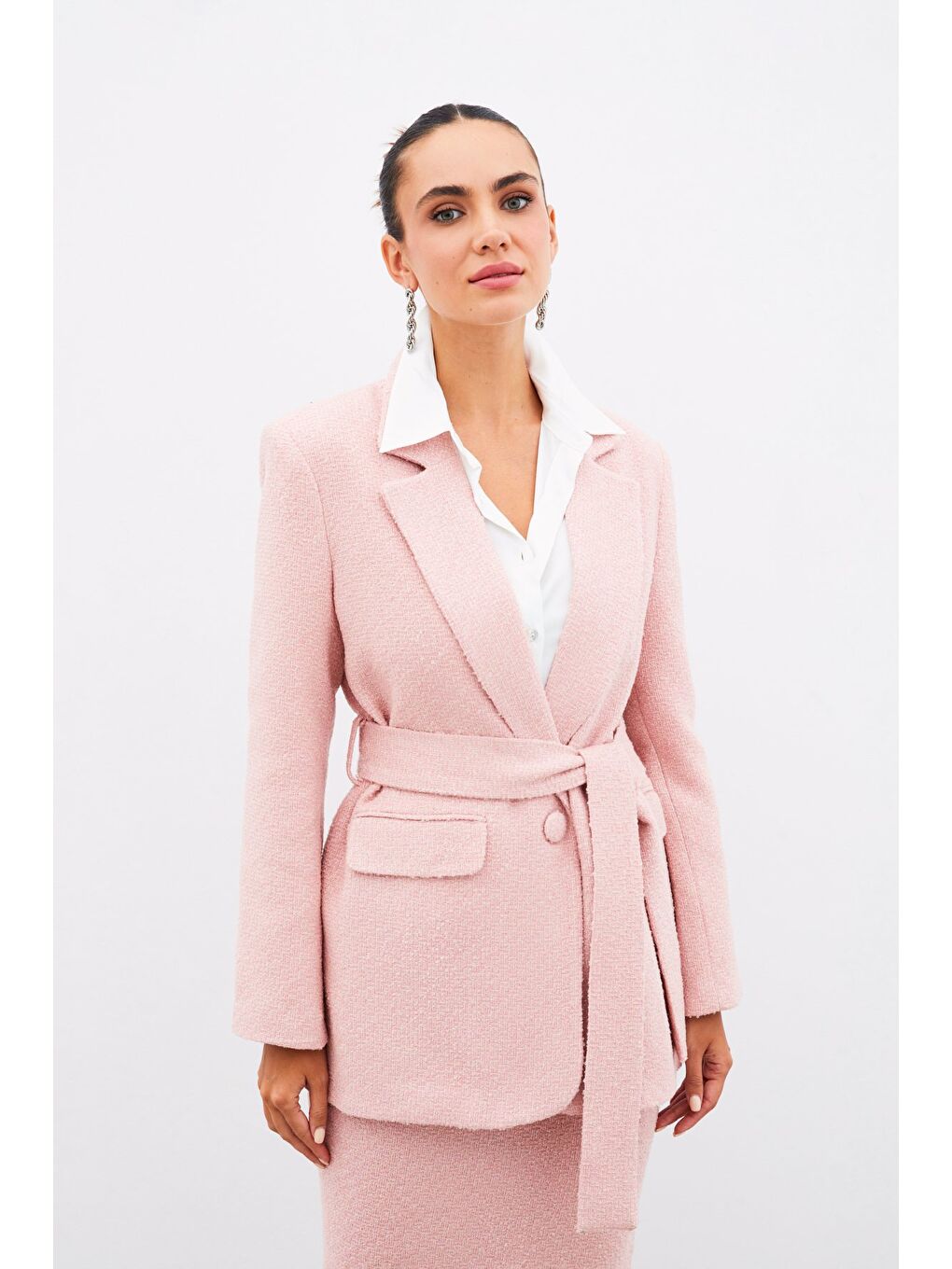 Pembe Kuşaklı Tüvit Ceket - Pudra-2